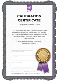 Sparklike and Gasglass Hanheld calibration certificate