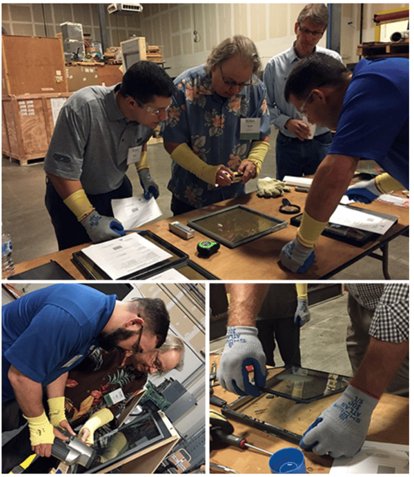 a workshop group performs a visual inspection on an insulating glass unit